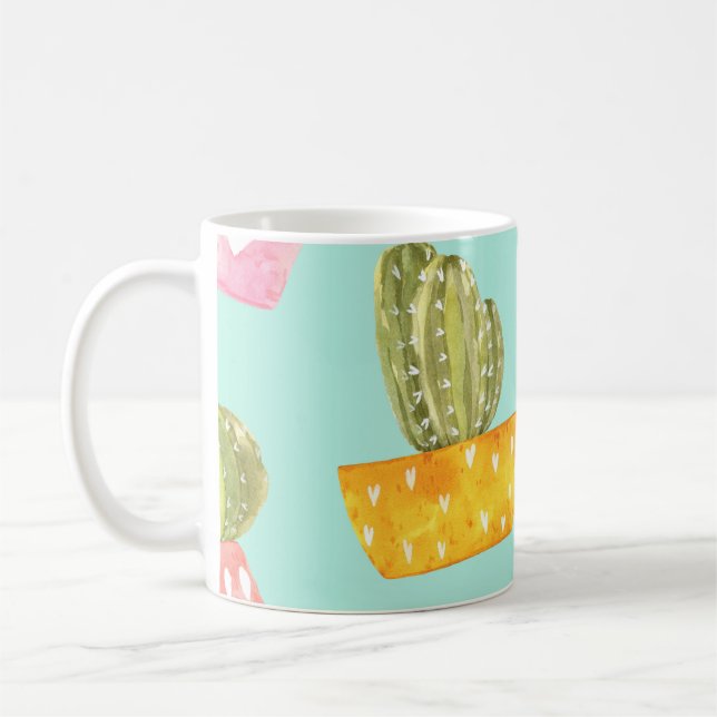 Prickly cacti in pots, watercolor pattern. coffee mug (Left)