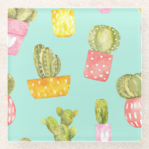 Prickly cacti in pots, watercolor pattern. glass coaster