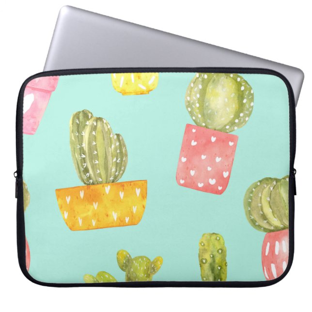 Prickly cacti in pots, watercolor pattern. laptop sleeve (Front)