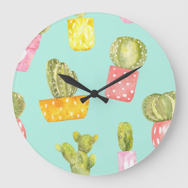 Prickly cacti in pots, watercolor pattern. large clock (Front)