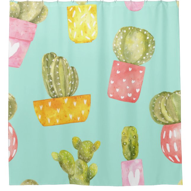 Prickly cacti in pots, watercolor pattern. shower curtain (Front)
