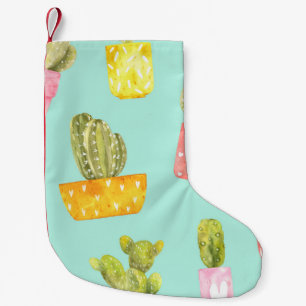 Prickly cacti in pots, watercolor pattern. small christmas stocking