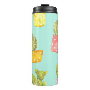 Prickly cacti in pots, watercolor pattern. thermal tumbler