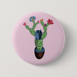 Prickly cactus with flowers 6 cm round badge