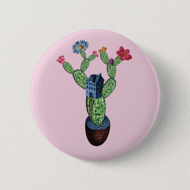 Prickly cactus with flowers 6 cm round badge (Front)
