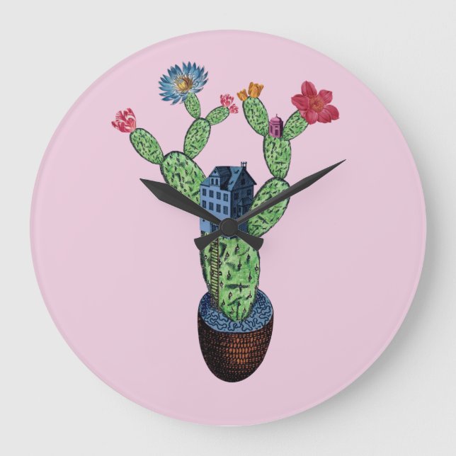 Prickly cactus with flowers large clock (Front)