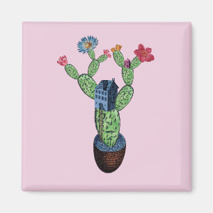 Prickly cactus with flowers magnet