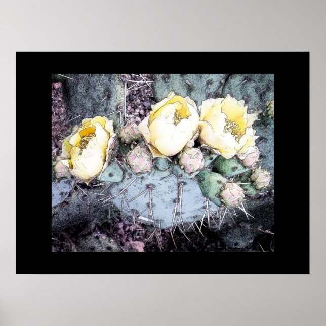 Prickly Pear Blooms Ink Effect Poster (Front)