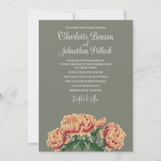 Prickly Pear Cactus Flowers Elegant Cactus Wedding Invitation (Front)
