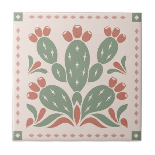Prickly Pear Cactus - Southwest Folk Pattern Ceramic Tile