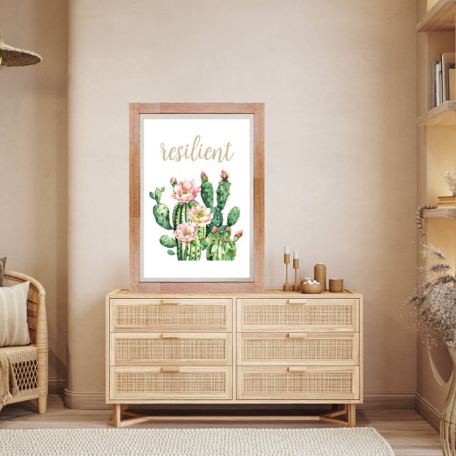 Prickly Pear Cactus Watercolor Resilient Desert Poster (Prickly Pear Cactus Blossom Inspirational Wall Art In Customizable Size and Editable Resilient Text)