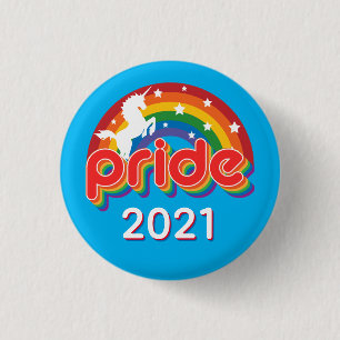 Pride 2022 LGTBQ+ with Retro Rainbow and Unicorn 3 Cm Round Badge