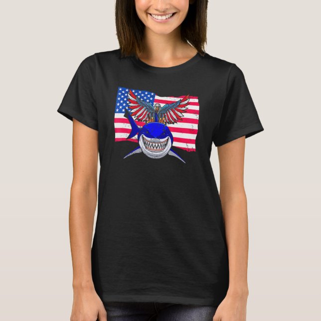 Pride American Flag Eagle Riding Shark Happy 4th O T-Shirt (Front)
