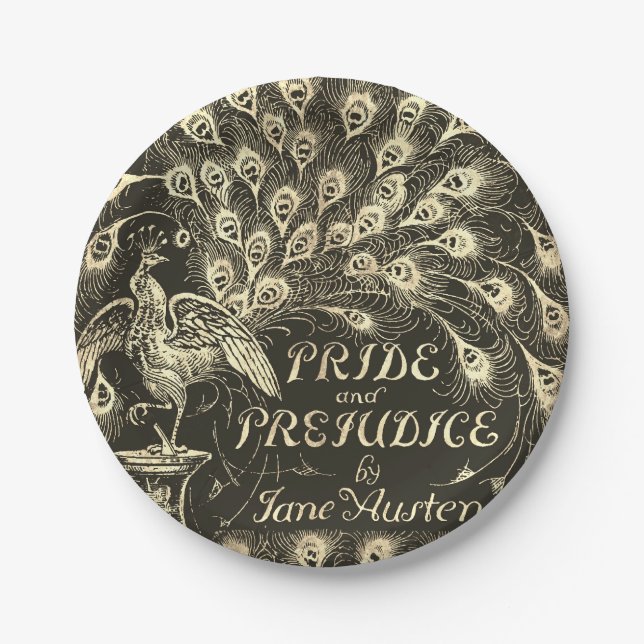 Pride and Prejudice Beige Gold Peacock Book Cover Paper Plate (Front)