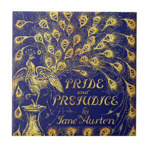 Pride and Prejudice Blue Gold Peacock Book Cover Ceramic Tile