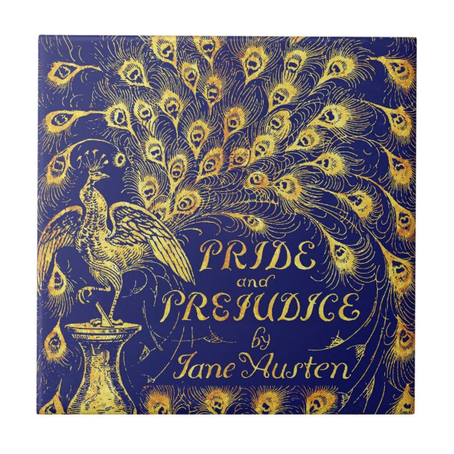 Pride and Prejudice Blue Gold Peacock Book Cover Ceramic Tile (Front)