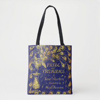 Pride and Prejudice Blue Gold Peacock Book Cover Tote Bag