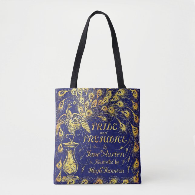 Pride and Prejudice Blue Gold Peacock Book Cover Tote Bag (Front)