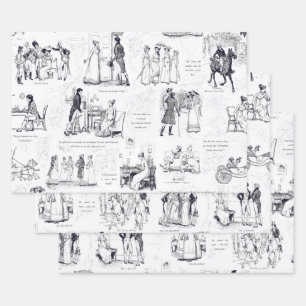 Pride and Prejudice Blue Grey Toile Quotes Wrapping Paper Sheet