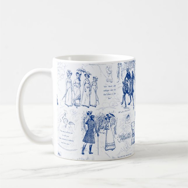 Pride and Prejudice Blue Toile Quotes Coffee Mug (Left)