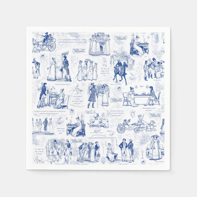 Pride and Prejudice Blue Toile Quotes Illustration Napkin (Front)
