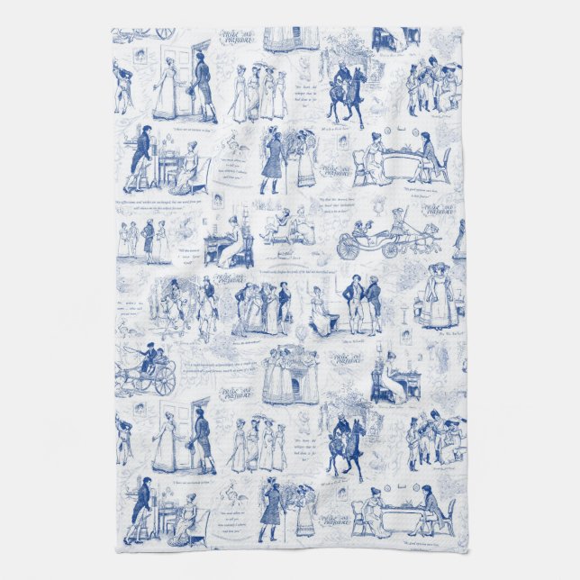 Pride and Prejudice Blue Toile Quotes Illustration Tea Towel (Vertical)