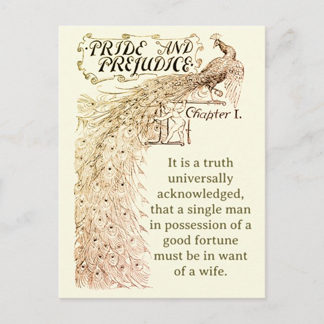 Pride and Prejudice Chapter One Peacock Beige Postcard (Front)