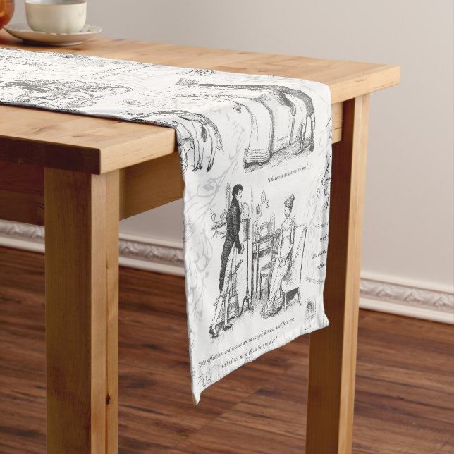 Pride and Prejudice Grey Toile Quotes Illustration Short Table Runner (In Situ)
