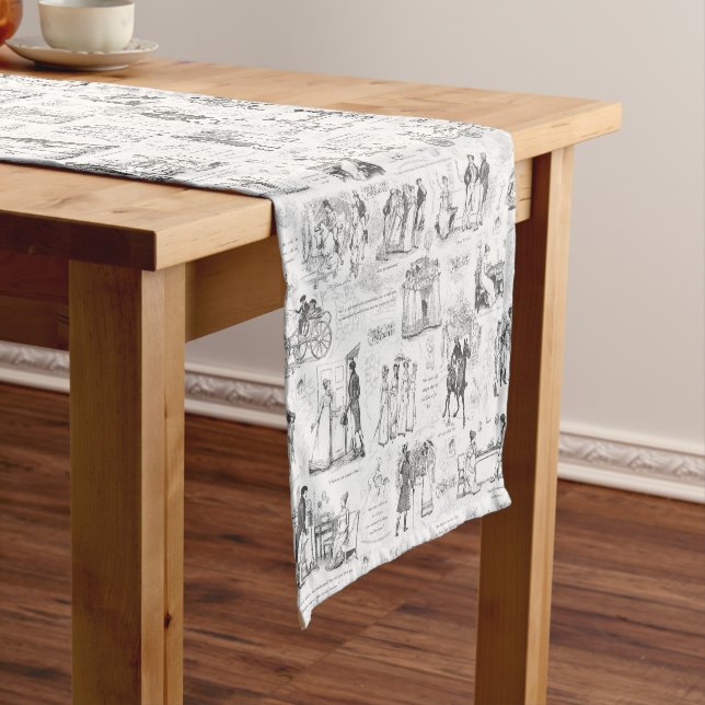 Pride and Prejudice Grey Toile Quotes Illustration Short Table Runner (In Situ)
