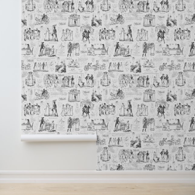 Pride and Prejudice Grey White Toile Wallpaper (Application)