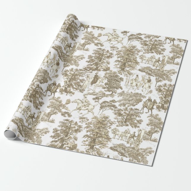 Pride and Prejudice Horses Beige Gold Toile Wrapping Paper (Unrolled)