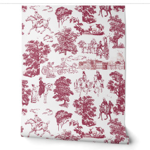 Pride and Prejudice Horses Burgundy White Toile Wallpaper