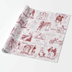 Pride and Prejudice Red Toile Quotes Illustration Wrapping Paper