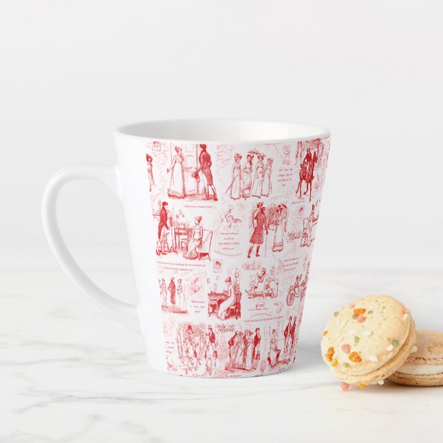 Pride and Prejudice Red Toile Quotes Latte Mug (In Situ)