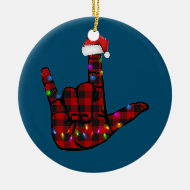 Pride ASL Merry Christmas Sign Language Red Plaid Ceramic Ornament (Front)