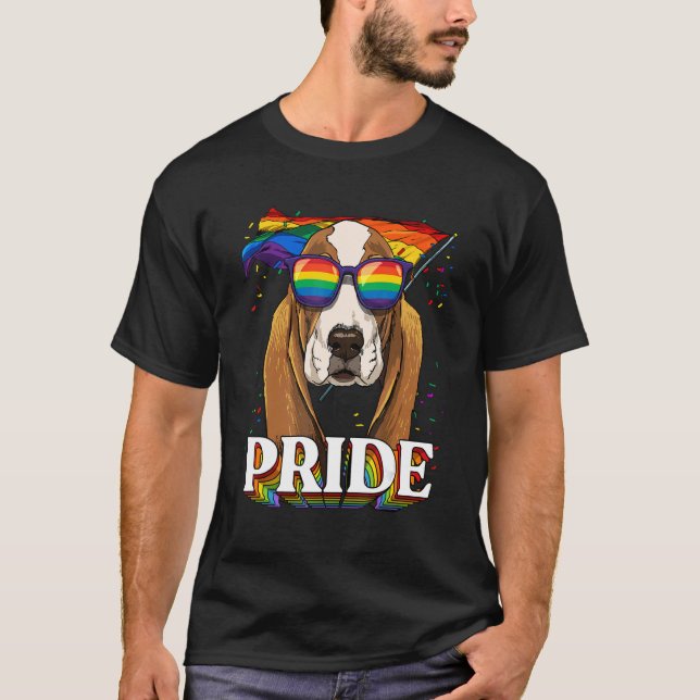 Pride Basset Hound Dog LGBTQ Rainbow Flag Pride Mo T-Shirt (Front)