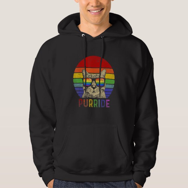 Pride Cat Purride Gay LGBTQ Rainbow Flag Retro Sty Hoodie (Front)