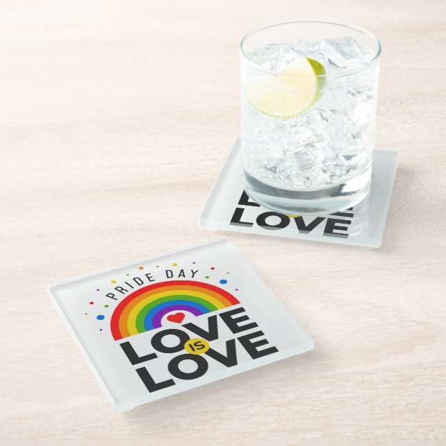 Pride Day Love is Love Rainbow Glass Coaster (Angled)
