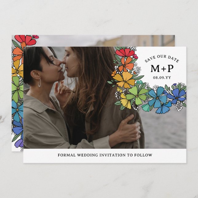 Pride Flowers Monogram LGBTQ Photo Save The Date (Front/Back)