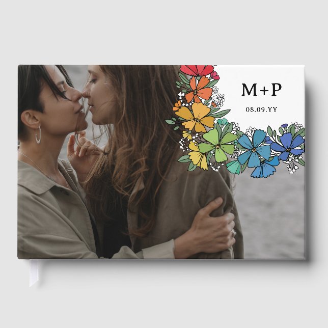 Pride Flowers Monogram Photo LGBTQ Wedding Guest Book (Front)