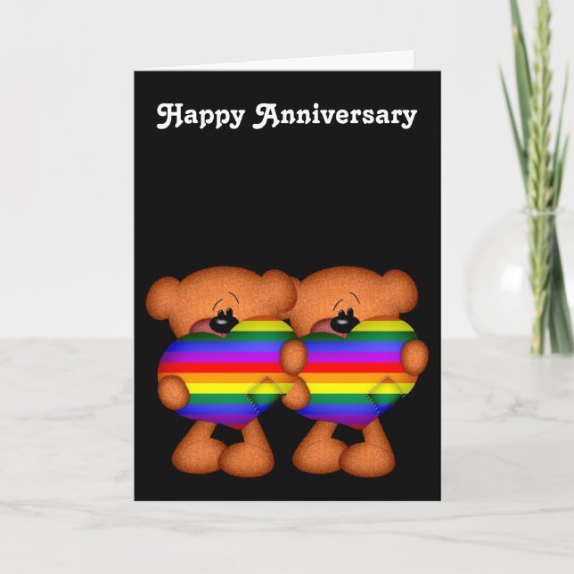 Pride Heart Teddy Bears Happy Anniversary Card (Front)