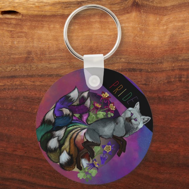 Pride Kitsune and Columbine Flowers Key Ring (Front)