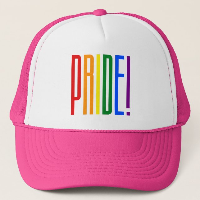 Pride! LGBT Rainbow Flag Colours Typography Logo Trucker Hat (Front)