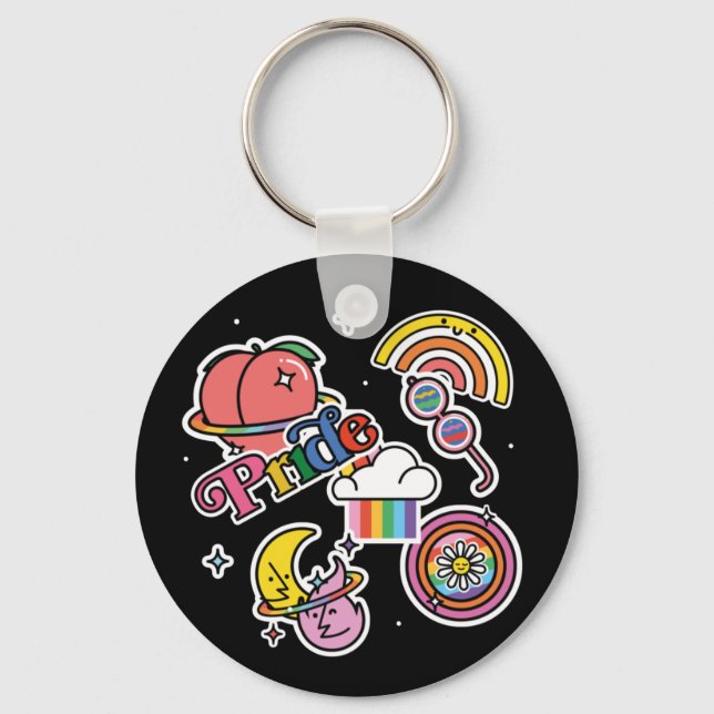 Pride+LGBTQ. Love pride. Rainbow heart with flower Key Ring (Front)