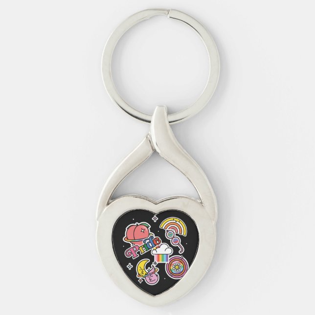 Pride+LGBTQ. Love pride. Rainbow heart with flower Key Ring (Front)