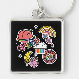 Pride+LGBTQ. Love pride. Rainbow heart with flower Key Ring