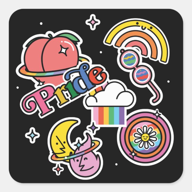 Pride+LGBTQ. Love pride. Rainbow heart with flower Square Sticker (Front)