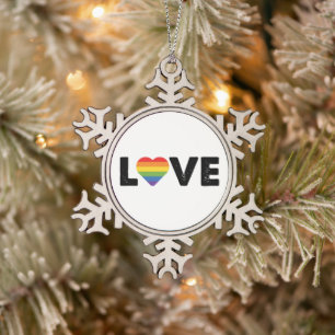 Pride Love is Love Gay Equality Rainbow LGBTQ Snowflake Pewter Christmas Ornament