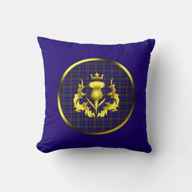 Pride of Scotland Tartan w/Golden Thistle Blue Cushion (Front)