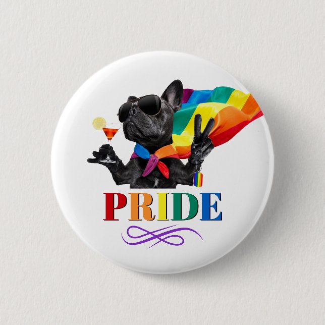 Pride Party Dog in Rainbow Cape 6 Cm Round Badge (Front)